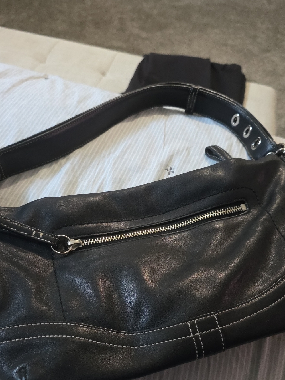Coach Black Leather Shoulder Bag with Silver Zipper